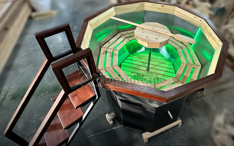 Банный чан из нержавеющей стали Ø-2350 на подставке с ветрозащитой и печью СТ3