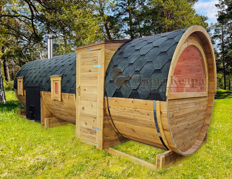 Баня-бочка «Орео» с боковым входом и панорамным окном Баня-бочка «Орео» с боковым входом и панорамным окном