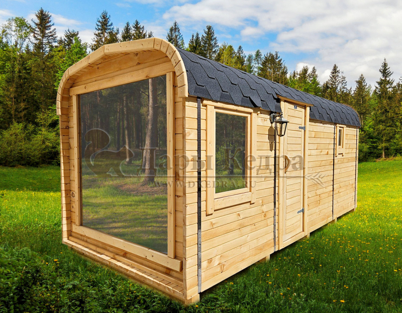 Баня-бочка «Пентагон» с боковым входом и панорамным окном Баня-бочка «Пентагон» с боковым входом и панорамным окном